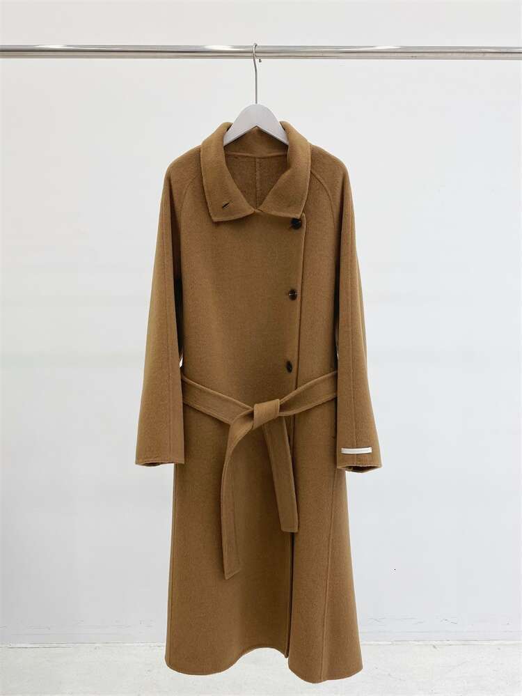 Rose Long Cashmere Coat Women Fashion Loose Lace-Up Stand Collar Double-Sided Single Breasted Woolen Coats Women 2024 New