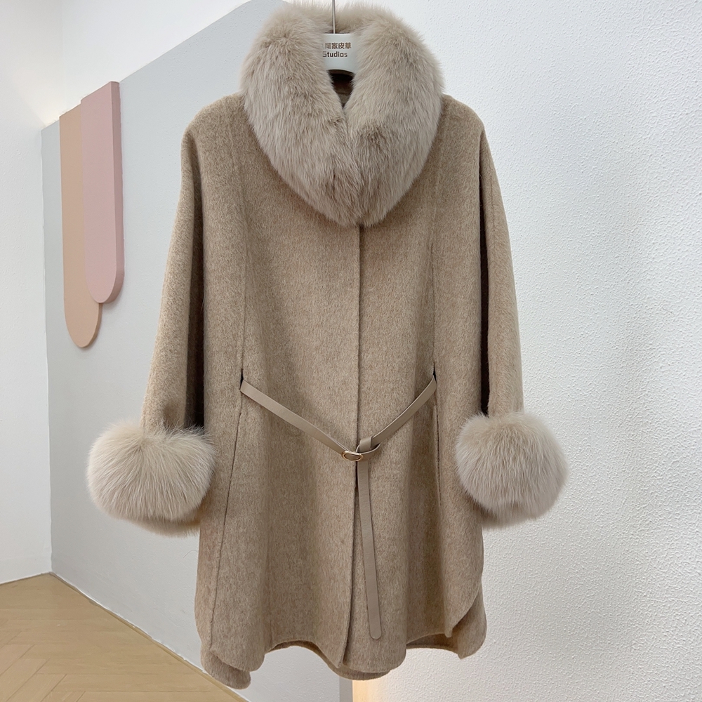 Winter Women's Real Fox Fur 100% Wool Cloak Cashmere Warm Jacket Detachable Collar Thick Female Coat