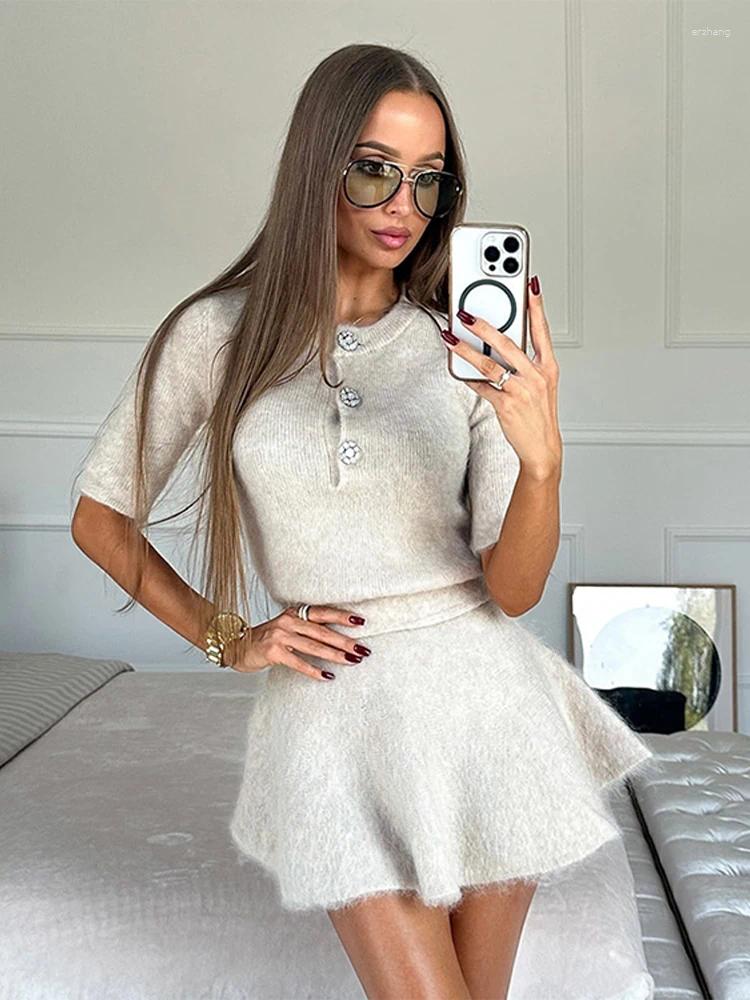 Work Dresses Mohair Sweater Skirt Sets Women Short Sleeve O-neck Pullover Mini Pleated Skirts Suits 2 Pieces Casual 2024 Autumn Lady Outfits