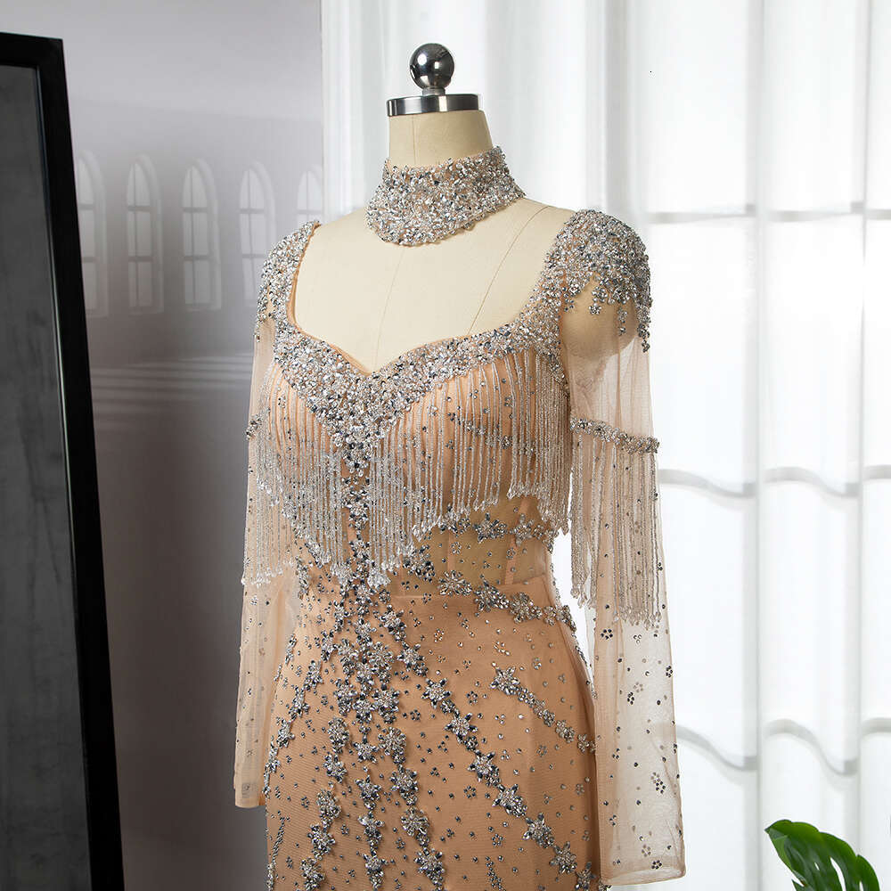 Sexy Serene Hill Sliver Nude Tassel Beaded Mermaid Arabic Long Evening Dresses Gowns For Woman Party