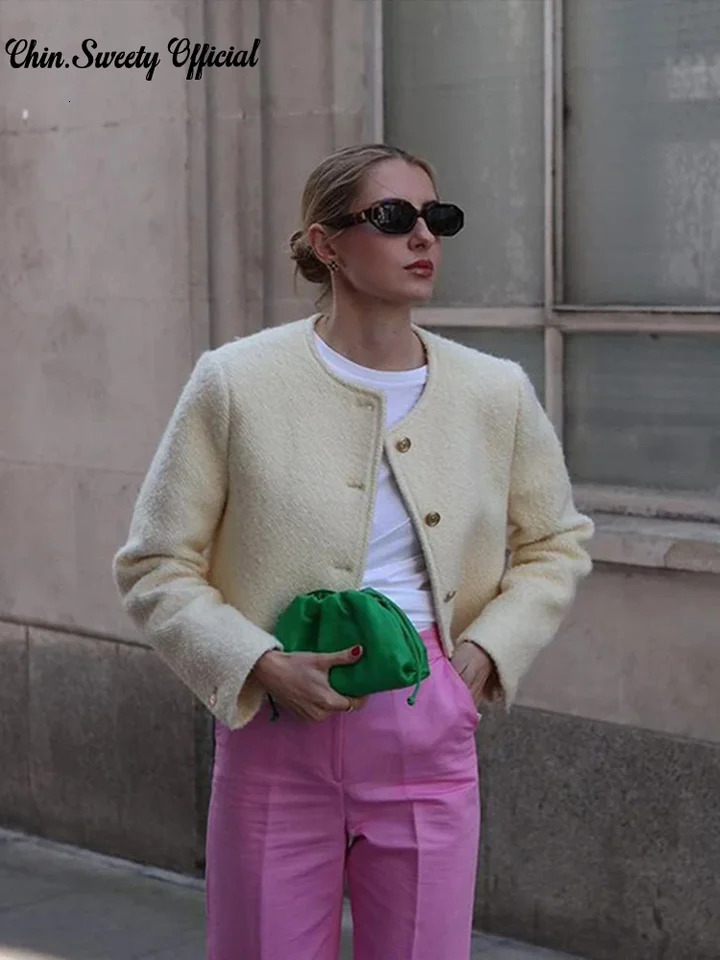 Elegant tweed short sleeved womens long sleeved O-neck single chest womens jacket spring/summer fashion womens solid jacket 241023