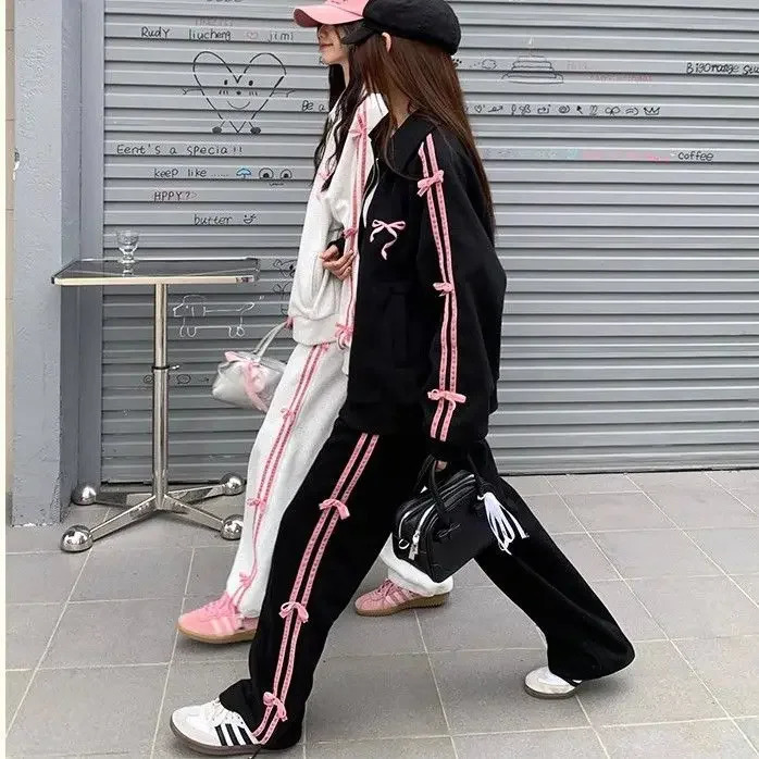 Autumn sports style gray bow vertical hooded jackethigh waisted loose casual wide leg pants two-piece set womens clothing 241023