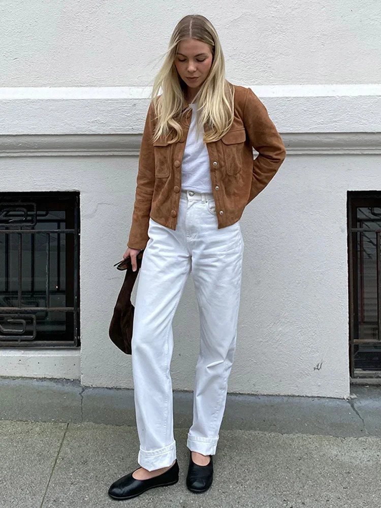 Autumn and winter brown womens slim fit suede short jacket fashionable single chest long sleeved cut jacket fashionable womens streetwear 241023