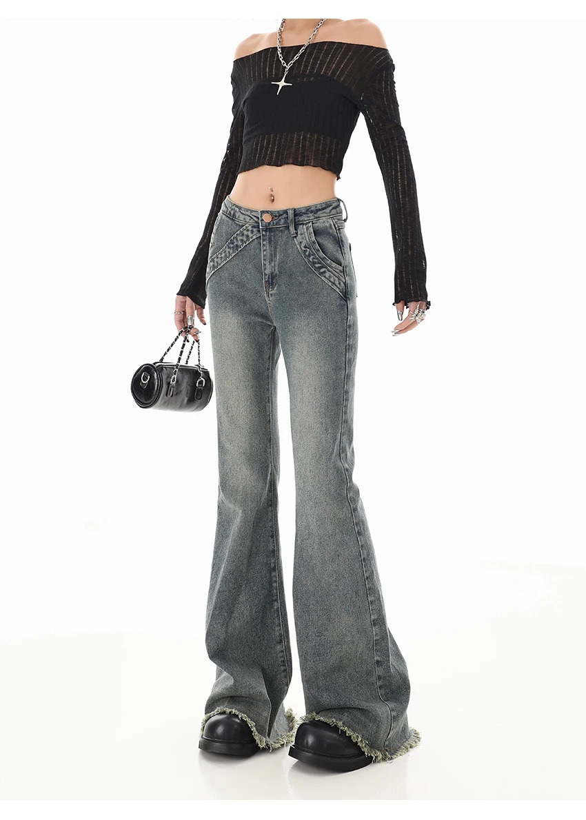 Womens Korean Fashion Bell Bottom Flare Jean Y2k Japanese Street Clothing Low Rise Denim Pants 2000s Fashion Kpop Gyaru Retro Style 241023