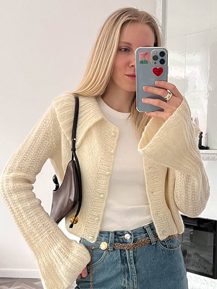 Women Turndown Collar Flare Sleeve Solid Cardigan Chic Single-Breasted Female Casual Knitwear Autumn Commute Lady Cardigans