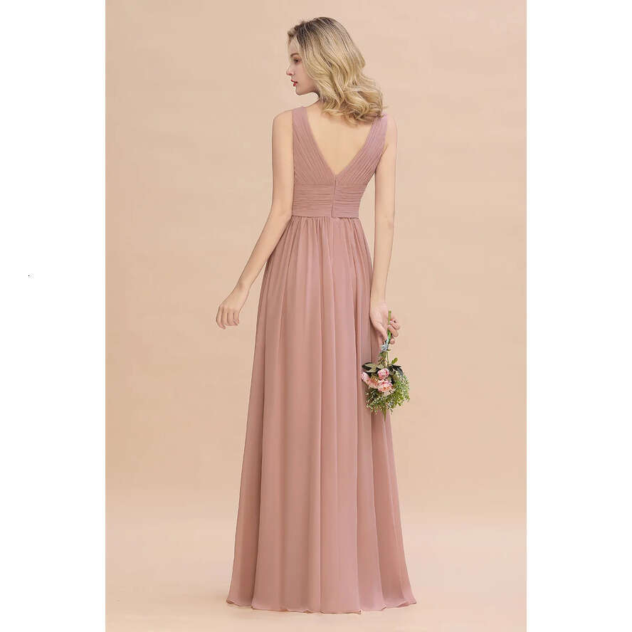 Chiffon Bridmesaid Pink Dusty Dresses Designer A E V Neck Pleats Long Summer Garden Bohemian Wedding Guest Maid Of Honor Gowns Custom Made Bm0752