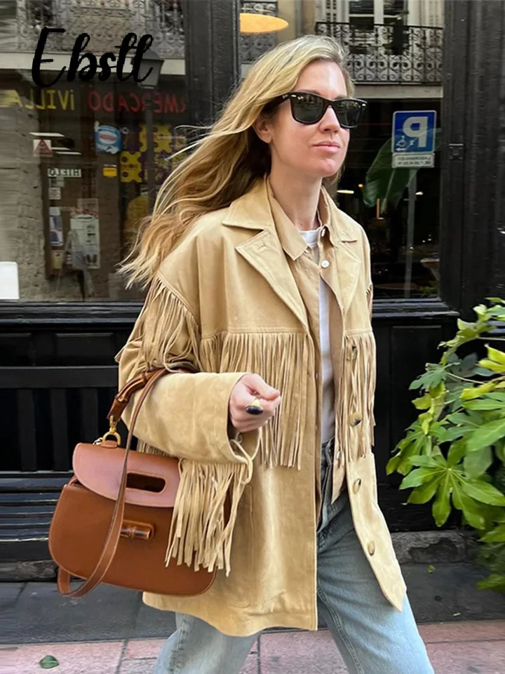 Retro artificial suede fringe jacket for women elegant long sleeved single breasted lapel jacket autumn womens loose city jacket 241023