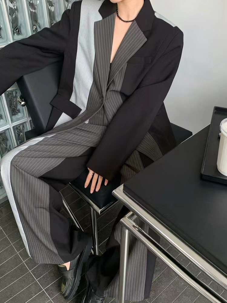 DEAT Fashion Women's Stripe Blazer Notched Single Breasted Pockets Contrast Color Cotton Suit Jackets Summer 2024 New 1Dh5935