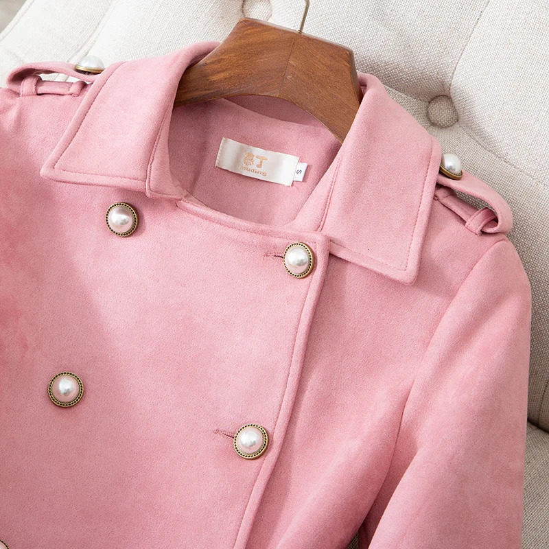 Womens double breasted long pink trench coat Korean fashion suede jacket 241022
