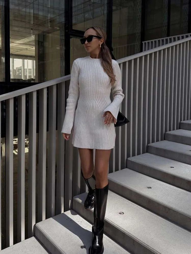 TRAF Womens Ribbon Knitted Long Sleeve Dress Autumn/Winter Ultra Thin Bottom Sweater for Warm Women 241019