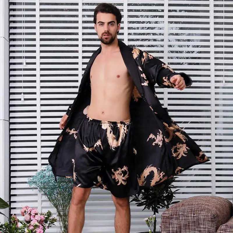 Large size 4XL 5XL mens satin robe set Dragon print 2PCS Spwear Silky Nighty Rob set mens casual kimono loose home textile W241023