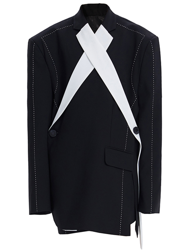 DEAT Fashion Women's Blazer New Loose Notched Double Button Long Sleeve Spliced Contrast Color Suit Jackets Autumn 2024 17A1665