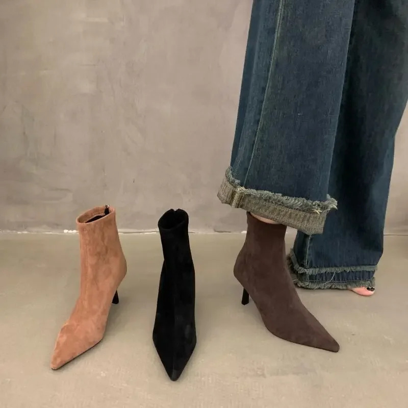2024 Ankle Boots Pointed Toe New Autumn Thin High Heels Suede Solid Short Plant Thread Botte Womens 241106