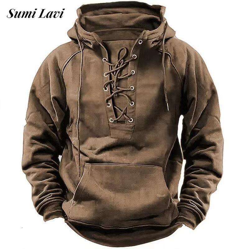 High end Trendy Fall Mens Hooded Sweatshirts Lace up Drawstring Long Sleeve Loose Hoodies Men Streetwear Vintage Solid Color Hoodie