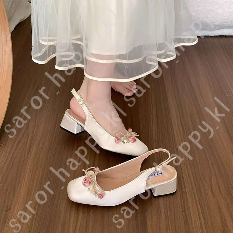 French Block Heel Mary Jane Single Shoes Women's Spring/Summer Flower Backspace Sandals 772