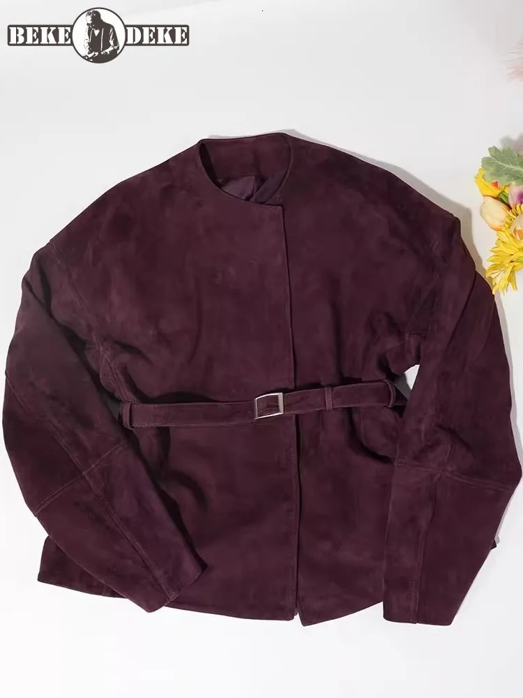 Autumn Womens Cashmere Leather Jacket with O-neck Office Womens Work Jacket Retro High Quality Genuine Leather Jacket 241023