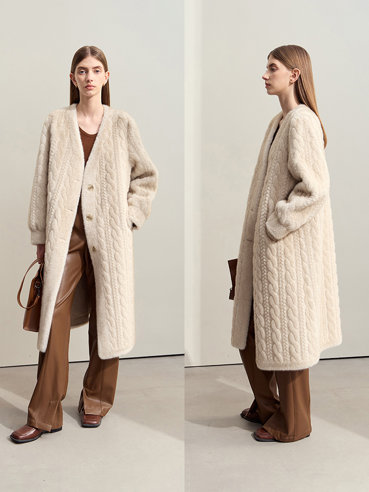 AMII Minimalist Women's Warm Thick Faux V-Neck Imitation Mink Hair Eming 2024 Winter Female Long Fur Outerwear 12424023