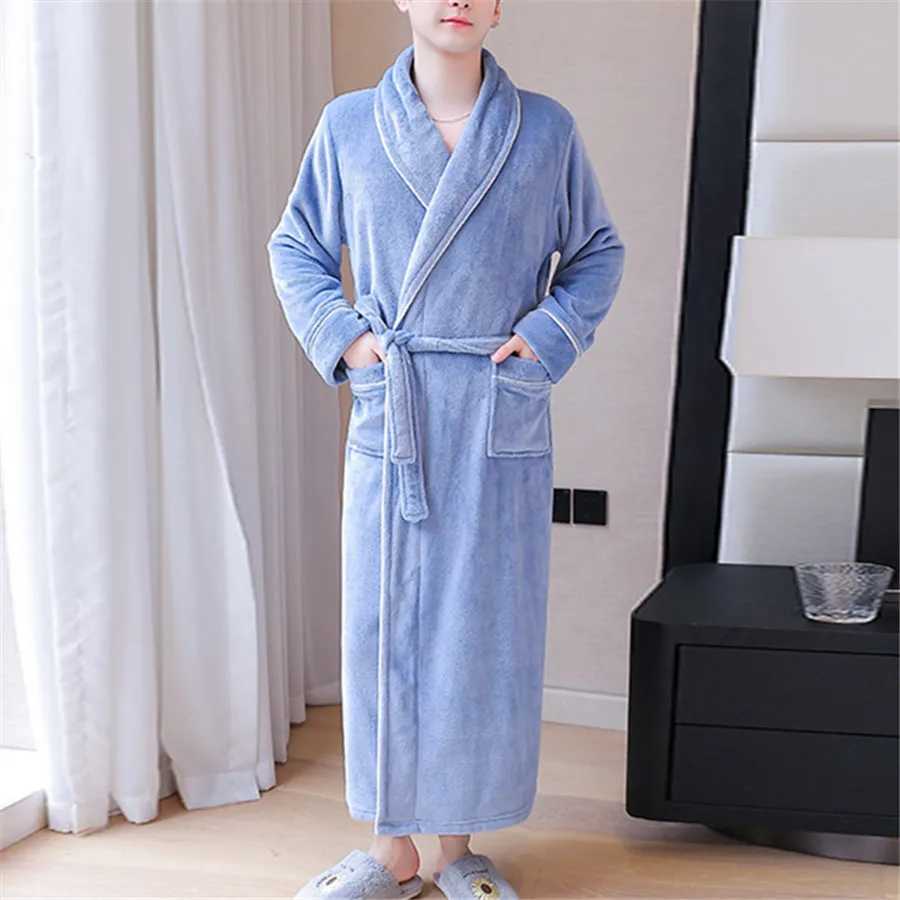 Mens Winter Thick Flannel Robe V-neck Warm Bathtub with Belt Mens Fluffy Shower Dress Mens Spwear Home Clothes W241023