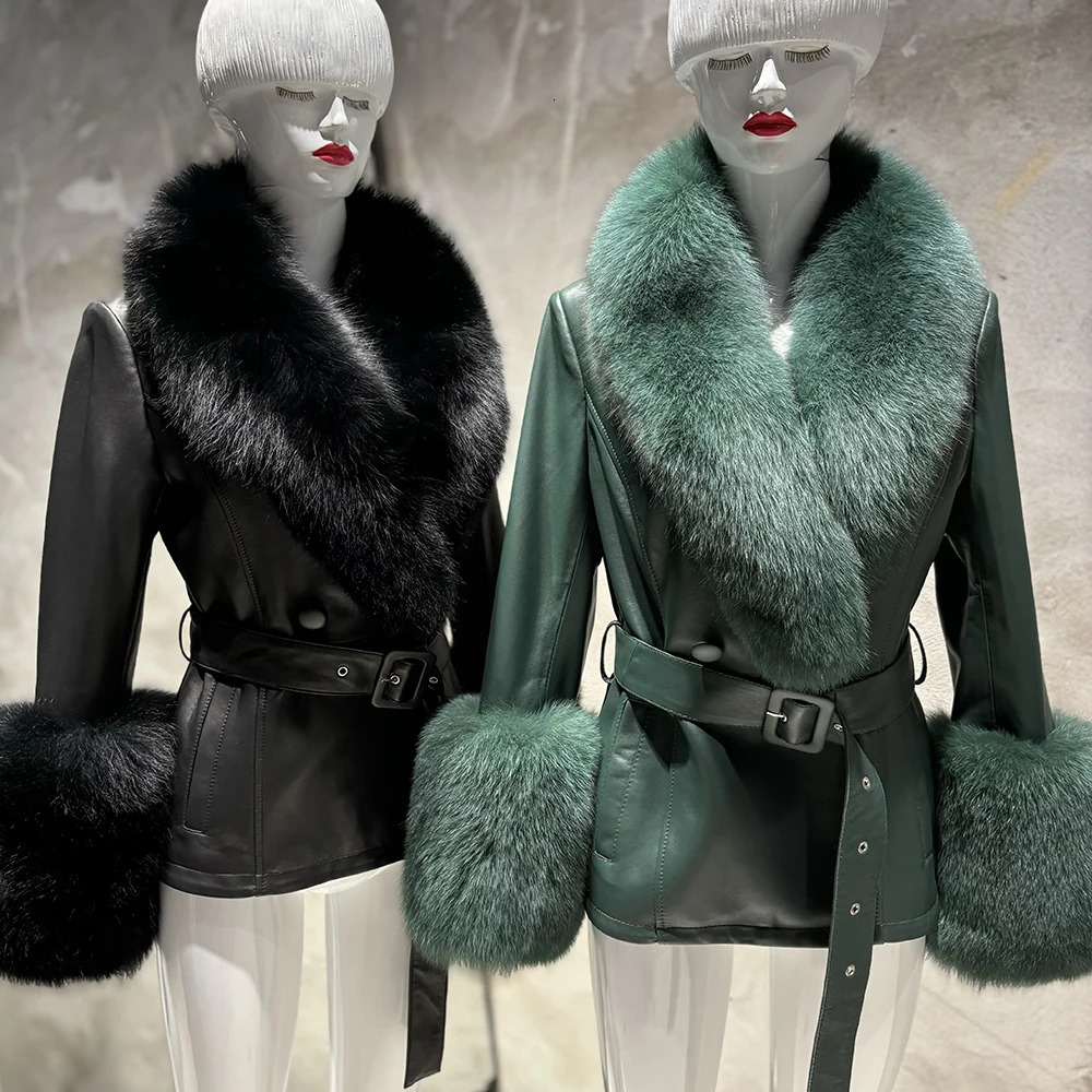 YOLOAgain Womens Genuine Fox Fur Collar Sheepskin Jacket for Autumn 241023