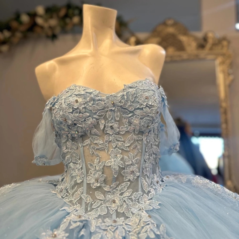 Sky Blue Shiny Quinceanera Dresses Ball Gown Off The Shoulder Lace Applique Beading Crystal Tull Mexican Corset Sweet 16 Dress Vestido De 15 Anos