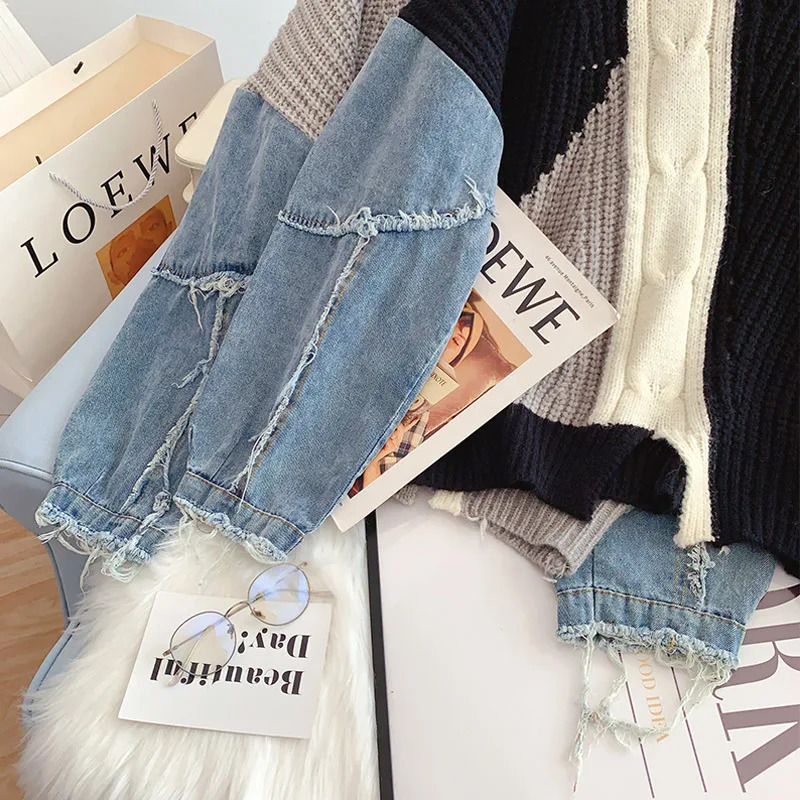 Denim woven spliced long sleeved O-neck Mohier knitted jumper womens loose womens sweater top womens clothing fashion 241022