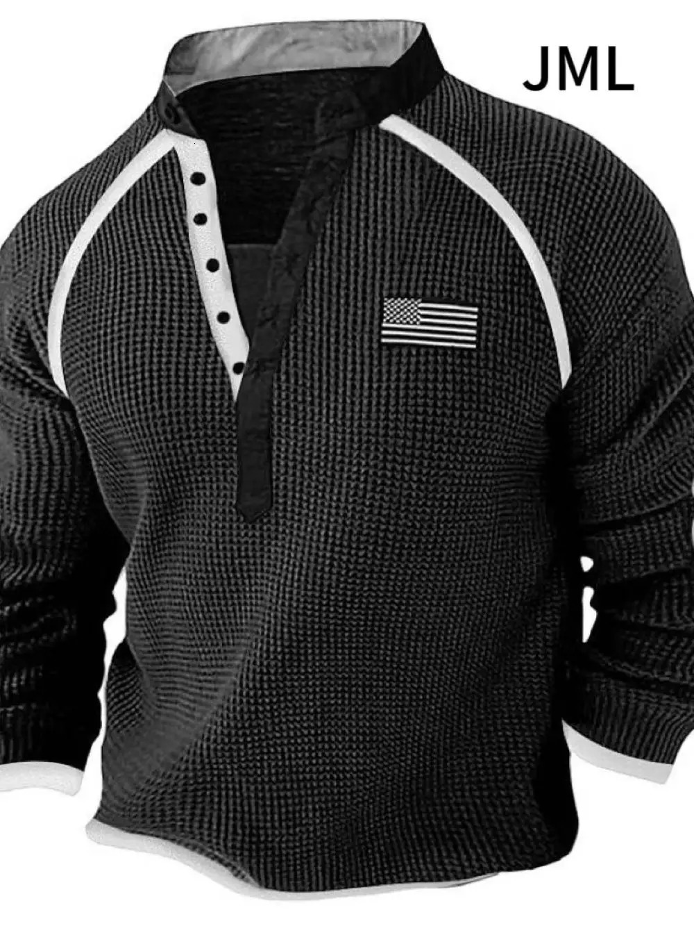 Mens waffle Henry collar long sleeved T-shirt European spring comfortable cotton casual fashion sports top flag decoration 241023