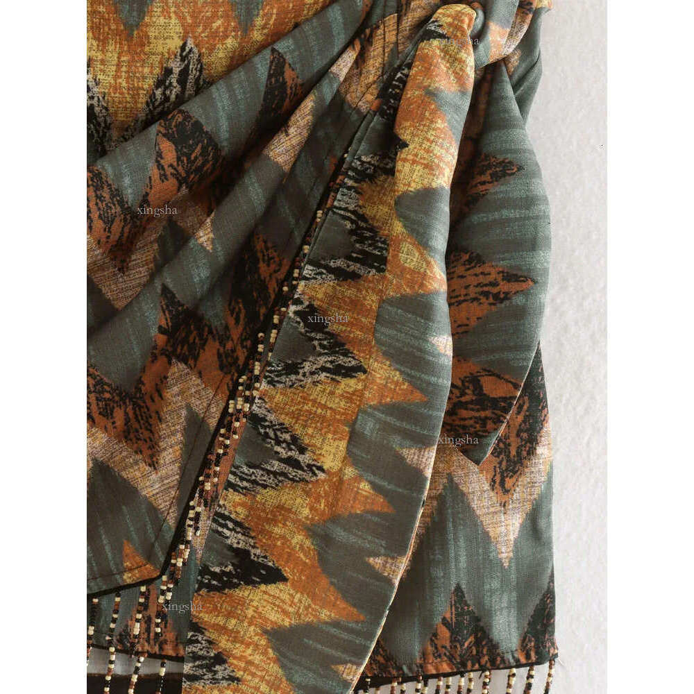 Skirts KEYANKETIAN Vintage Geometric Print Mini Skirt Knotted Sarong Beaded Fringe Wrap Vestidos Casual Zip Short Skort Mujer 230217
