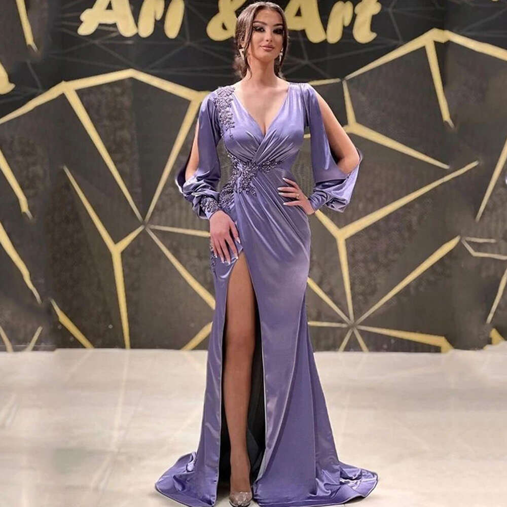 Gorgeous Applique Exquisite Evening Dresses Elegant Sexy Deep V-Neck Mermaid Long Sleeved High Split Mopping Party Prom Gowns