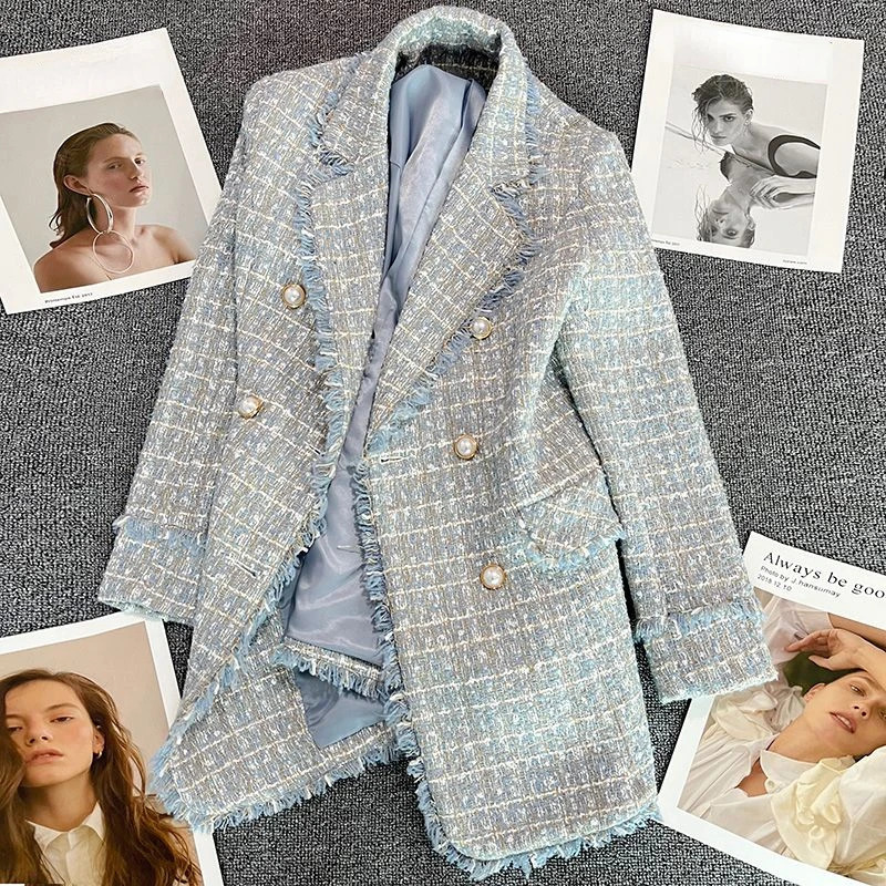 Double breasted wool jacket Chaquetas Para Mujer thick blue tweed jacket womens fashion autumn jacket 241023
