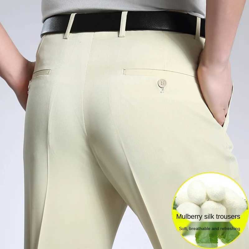 lberry Silk Thin Dress Trousers Man High Waist Straight Loose Mens Pants Flat Khi Black Business Suit PantsX241023