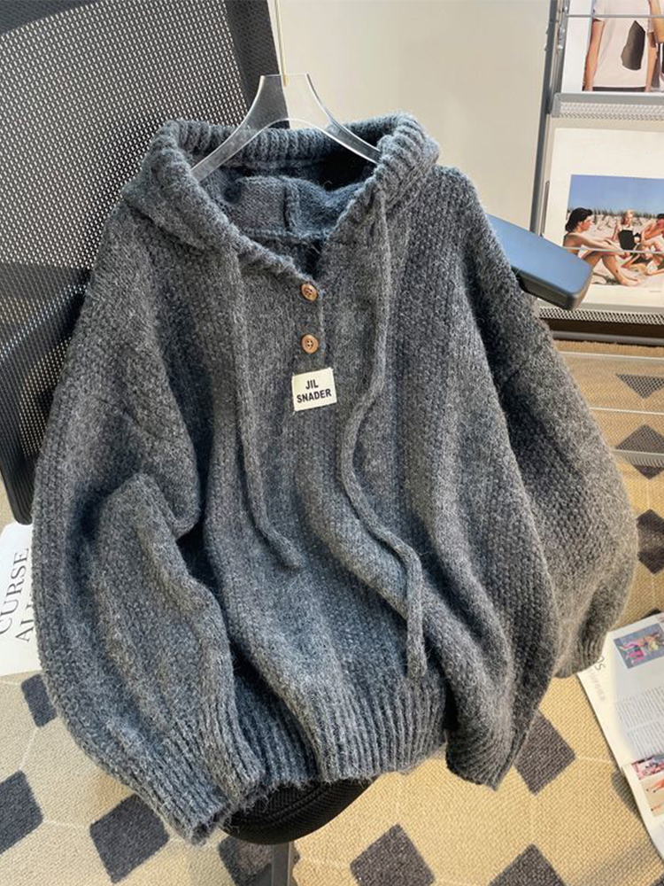 Korean Loose Solid Hooded Sweater Women Casual Knitted Buttons Soft Pullover Sweaters Female Autumn Chic Daily Warm Streetwear