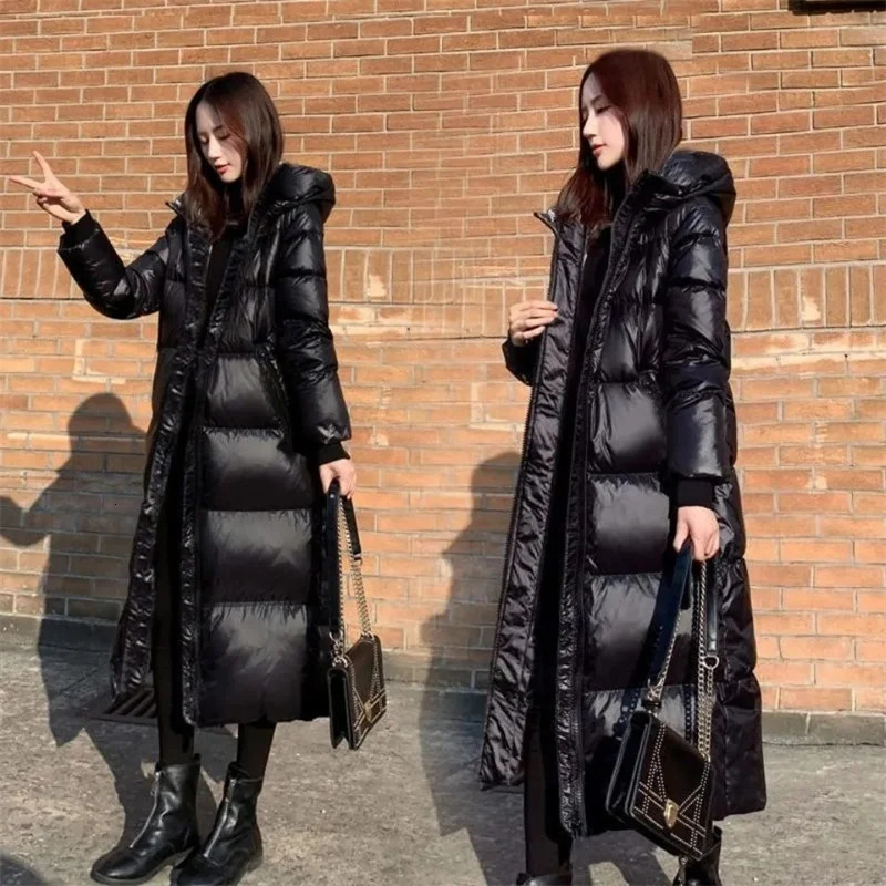 Korean Lady Long Bright Puffer Coat Autumn Winter Female Large Size 4Xl Warm Down Cotton Jacket 2024 Women Black Parka Sown Wear 24