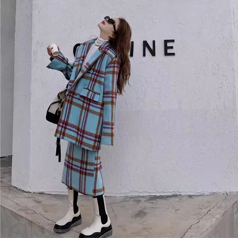 Checkered Suit Jacket for Womens Autumn/Winter Hong Kong Style Retro Small Fragrant Half Skirt Two piece Set Trendy 241023