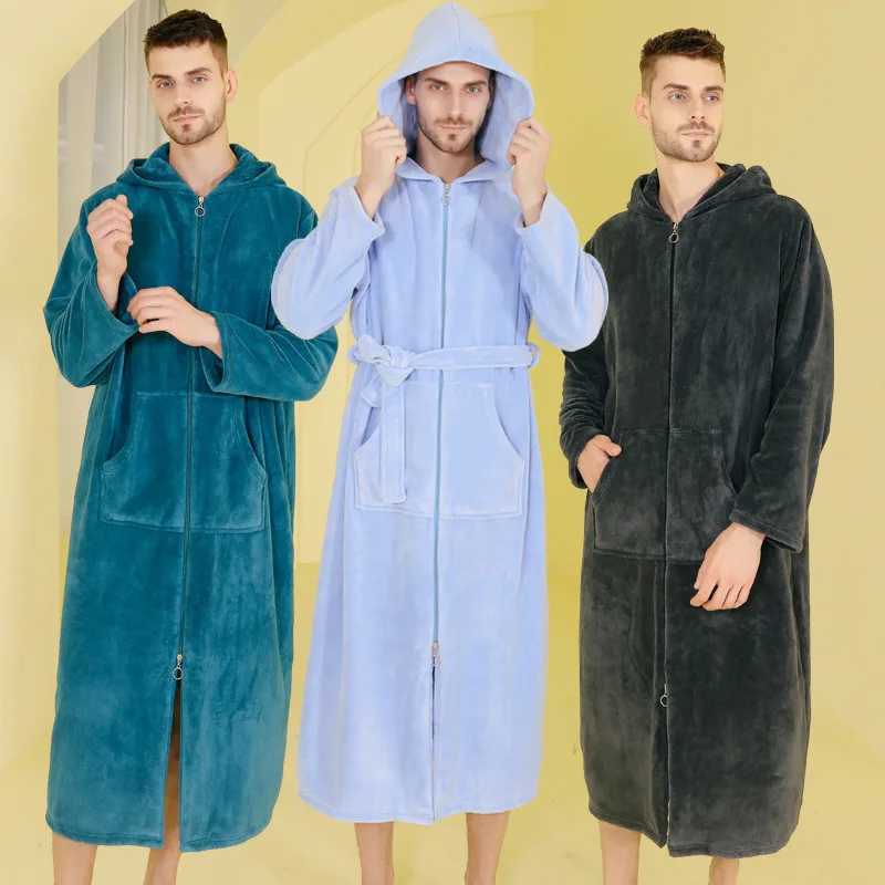 Couples winter autumn Spwear warm flannel bathroom dress hooded evening dress mens Spwear loose casual thick home clothes W241023