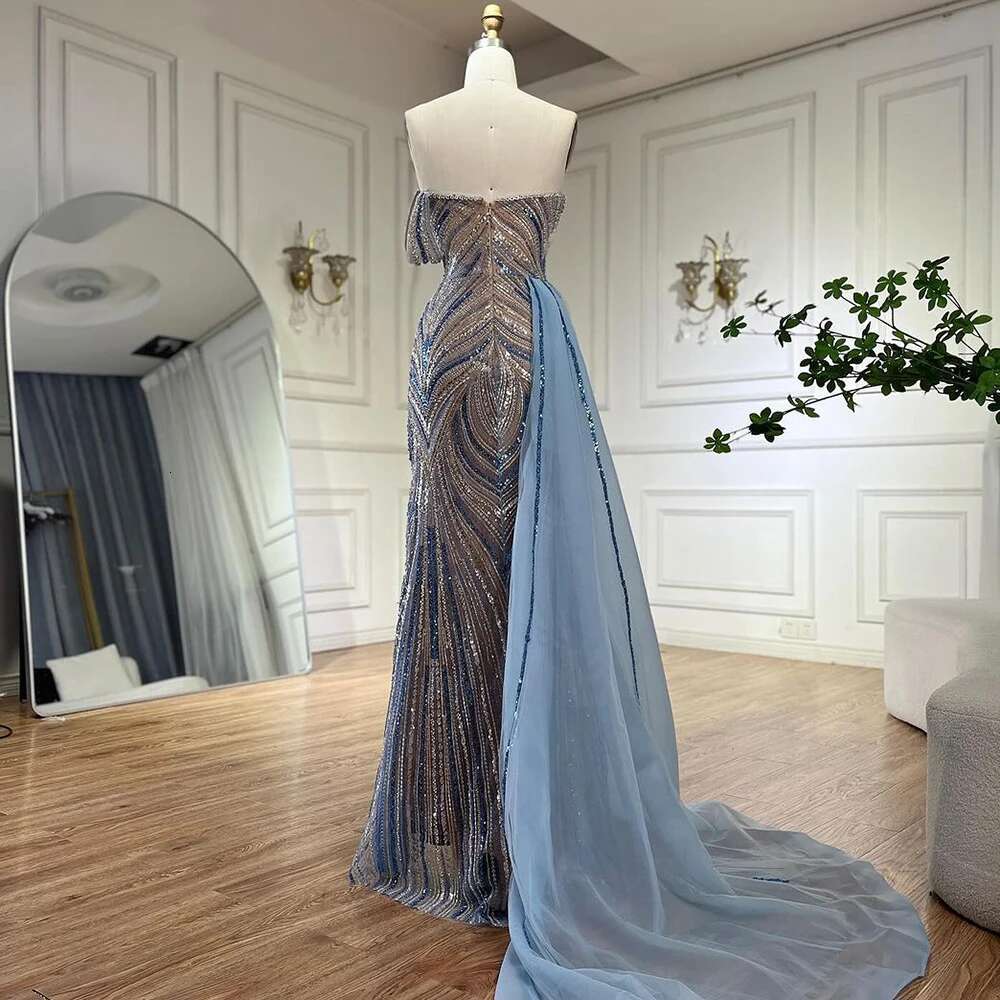 Serene Hill 2024 Arabic Blue One Shoulder Dubai Evening Gown with Side Overskirt Beaded Dress for Women's Party LA72662