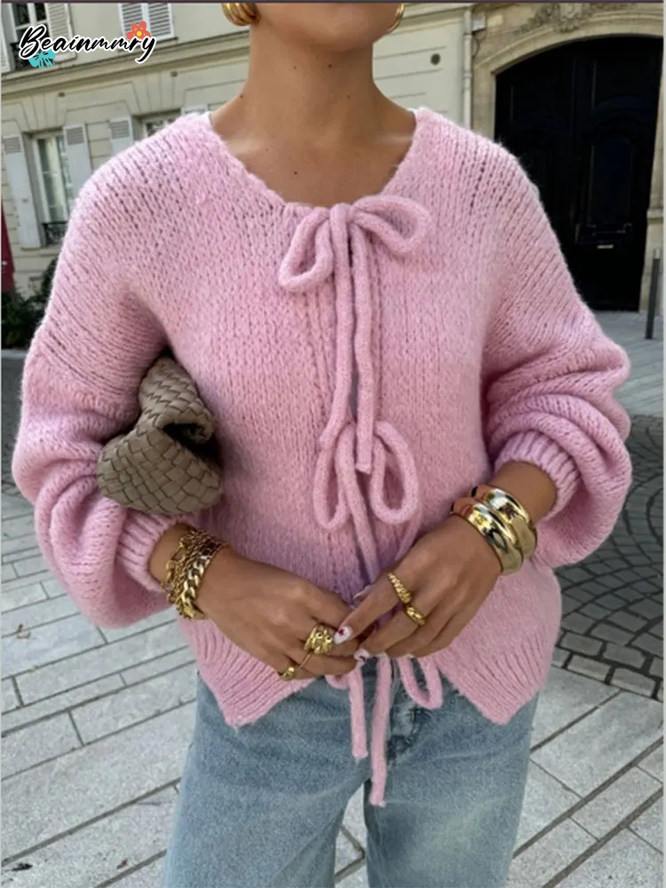 Fashion Casual Brown Lace Up Bow Knitted Cardigan O-Neck Long Sleeve Hollow Out Sweater Autumn Female High Street Knitwear
