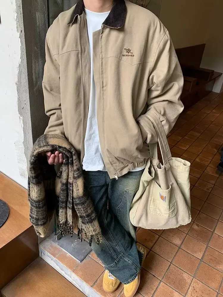 Retro Spring Jacket Mens Bomber Loose High Strt Hip Hop Motorcycle Block Coat Autumn Short Zipper Retro Coat X241023