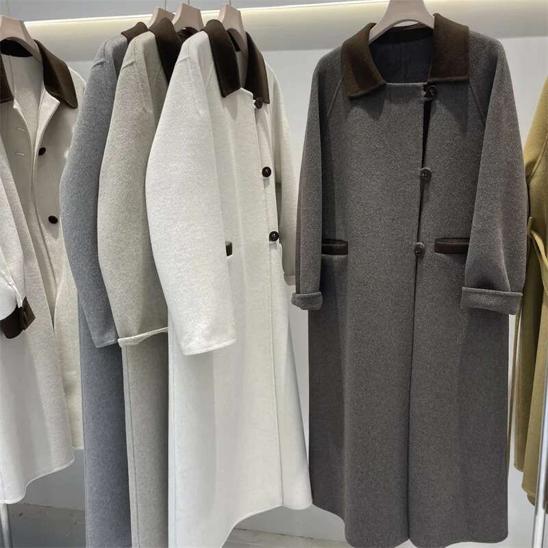 Rose High Quality New Korean Spring Long Double-Sided Cashmere Loose Coat Women Fashion Sheep Wool Jacket