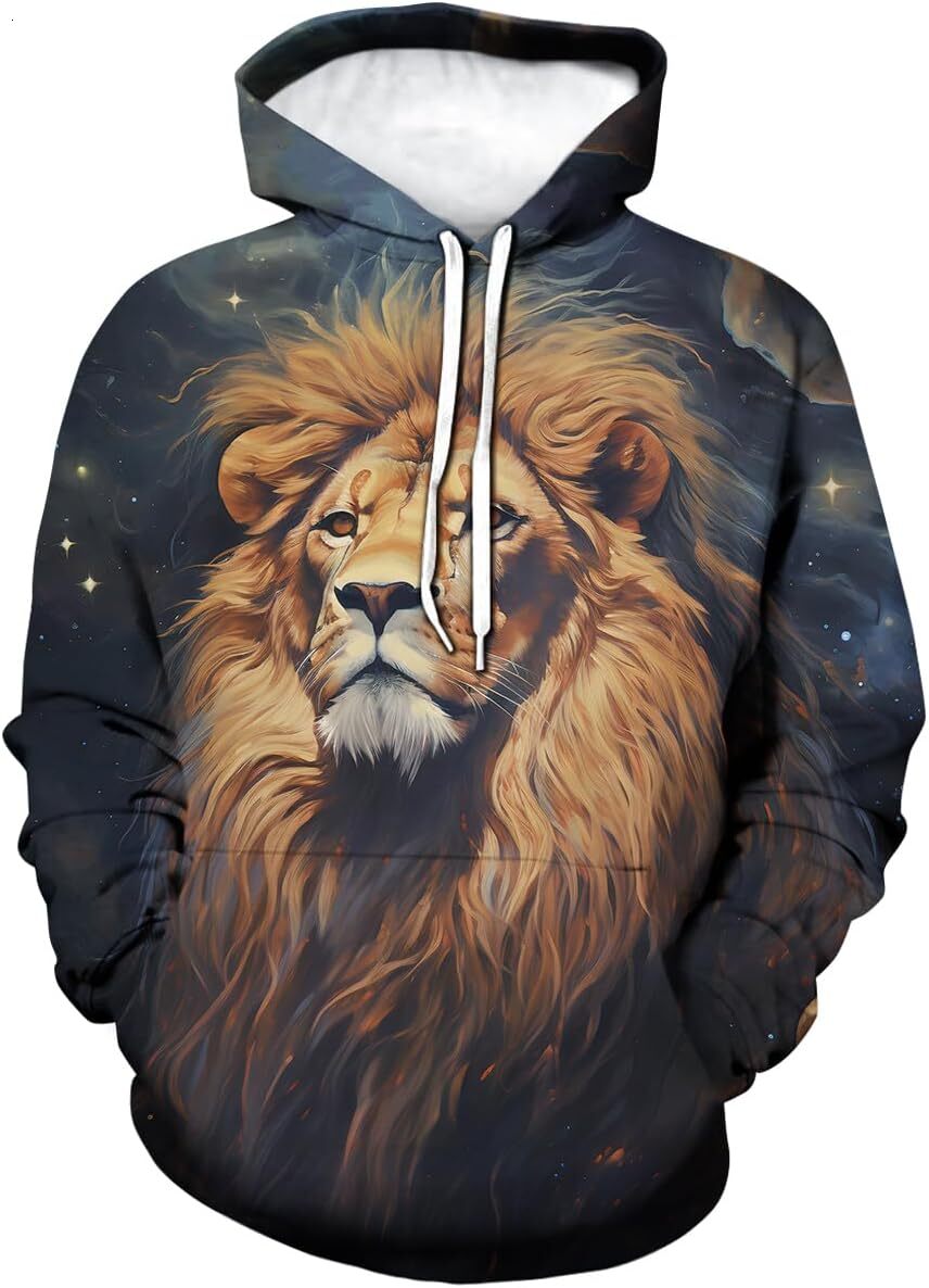 Hoodie for Mens Womens Fantasy Starry Sky Thunderbolt Animal Lion Cool Graphic Hoodies Hooded Sweatshirts Pullover Graphic Trendy Warmth