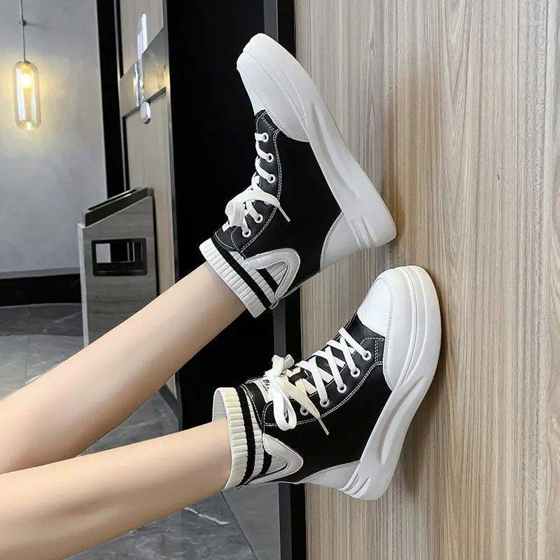Boots Booties With Laces Leather Sports Short Shoes For Women Flat Female Ankle High Platform Sneakers Lace-up Footwear Goth Pu