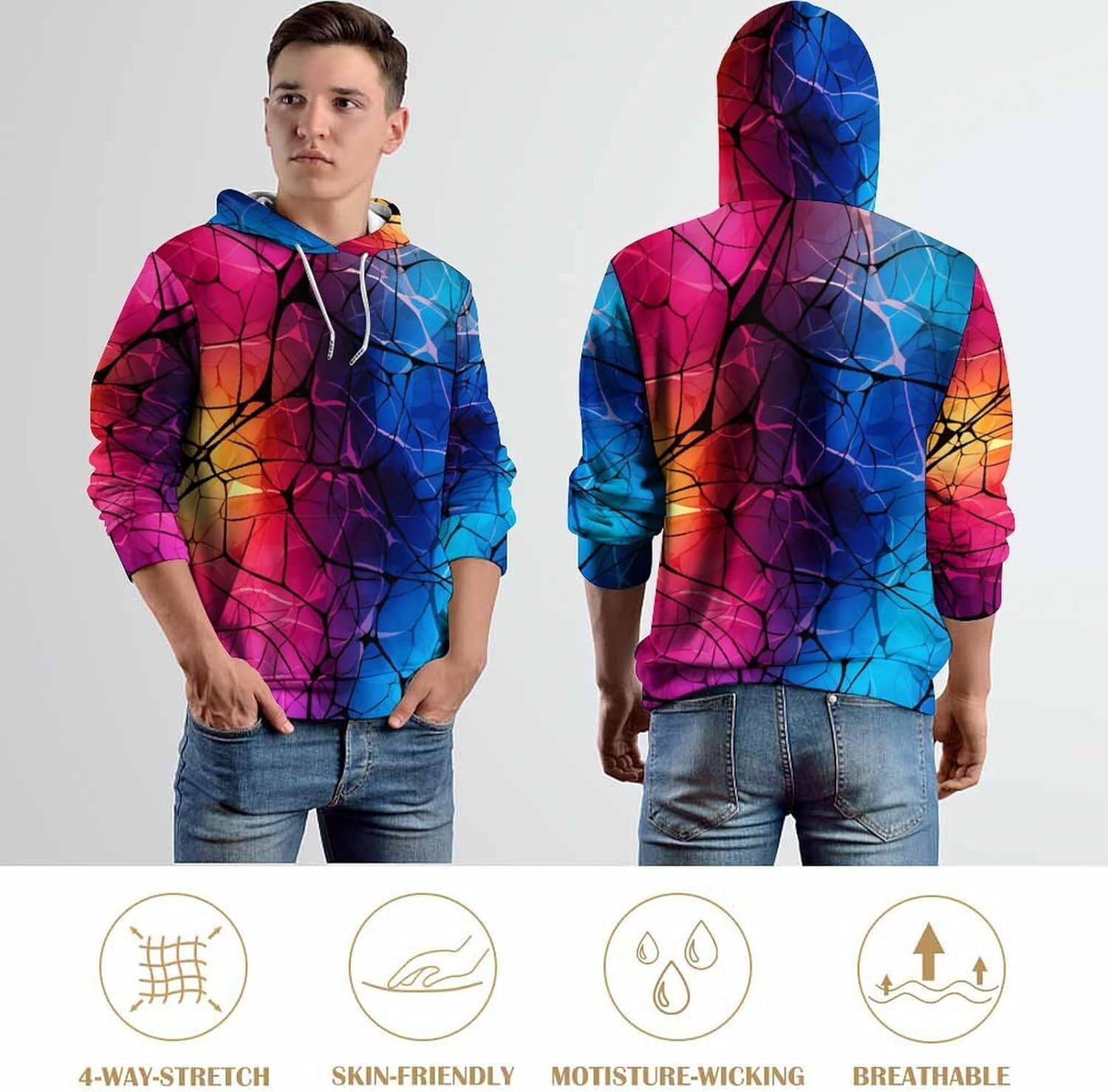 Hoodie for Mens Womens Unisex Vintage Coloful Smoke Pattern Hooded Sweatshirts Pullover Tie-Dye Smoking Cool Graphic Hoody Hoodie Graphic Trendy Warmt