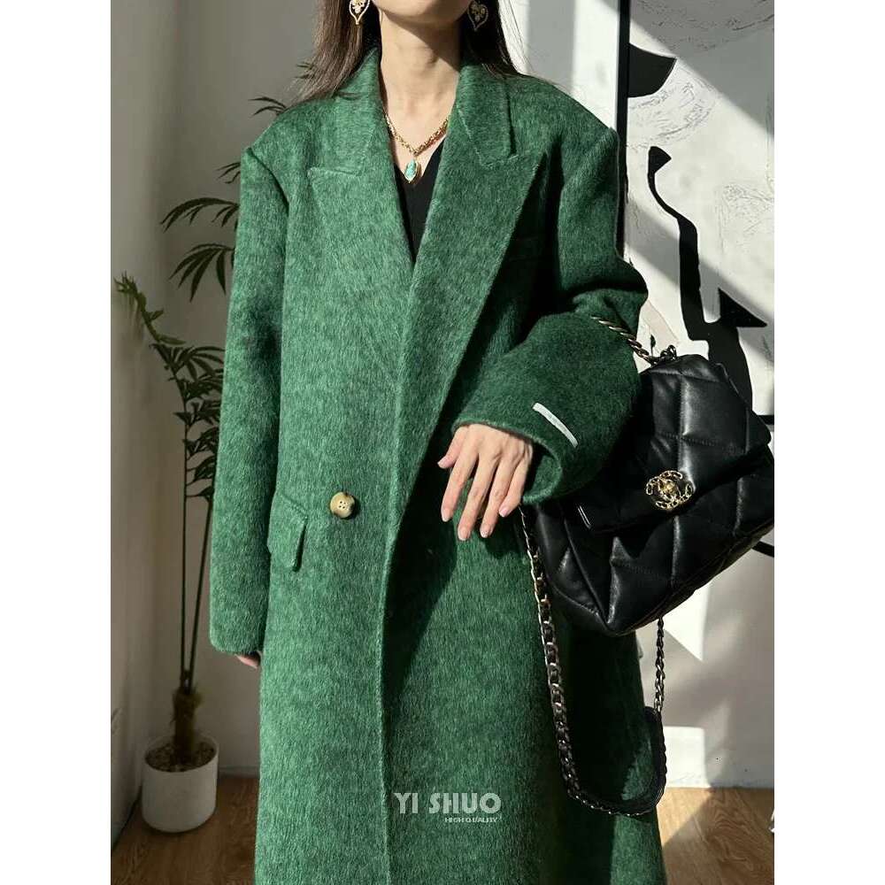 Rose Green Double-Sided Cashmere Suit Collar Straight Fit Long Wool Elegant Slim Woolen Coat Women 2023 New