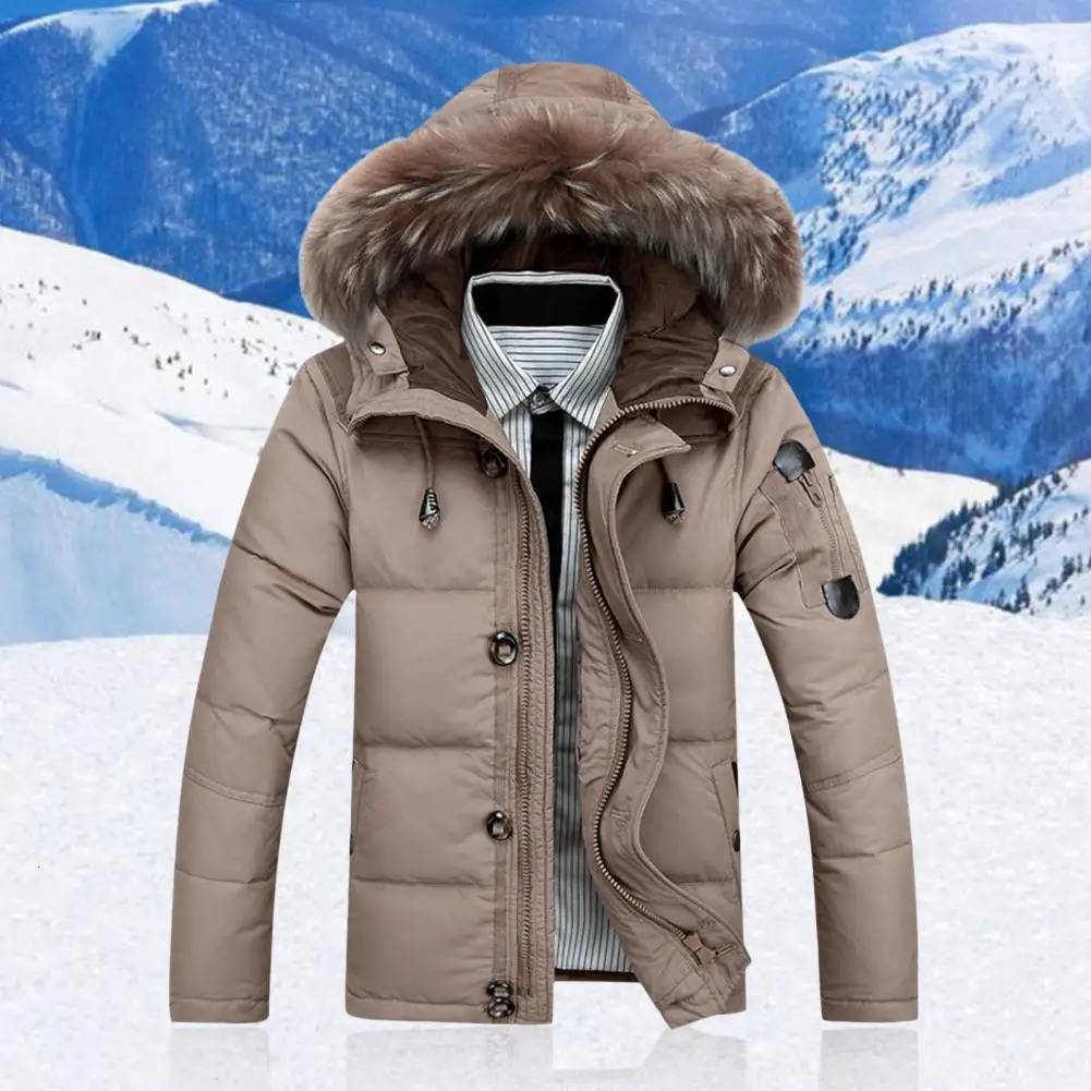Mens hooded jacket with fur collar brushed solid color winter jacket with zipper suitable for weather 241022