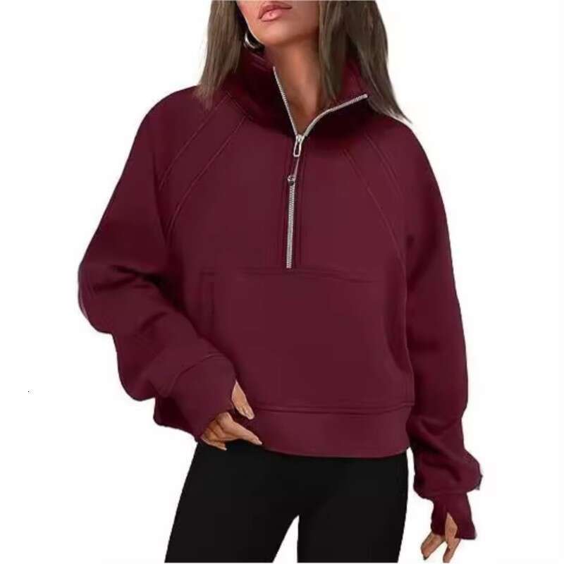 High end s Women Half Zipper Stand Up Collar Solid Sweat Shirt European and American Autumn Winter Y k Plush Loose Short Sweats Top Pluh Looe