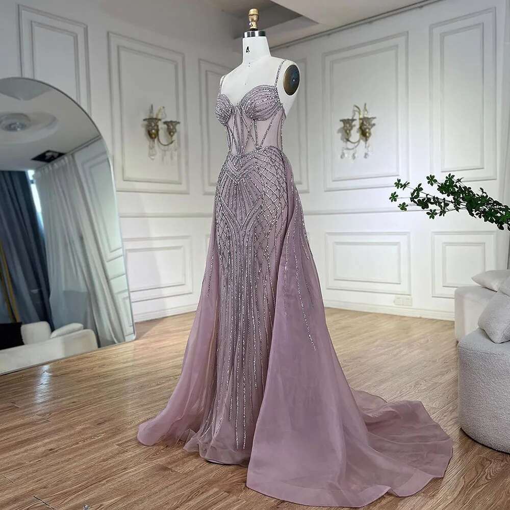 Serene Hill 2024 Arabic Spaghetti Strap Pink Mermaid Overskirt Beaded Evening Dresses Gowns for Women Party