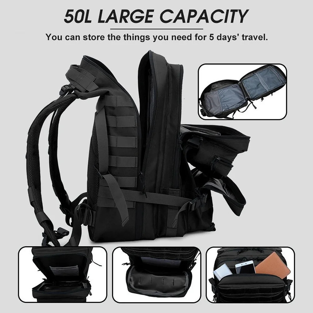 30L/50L large capacity mens hiking tactical backpack 3P soft back outdoor waterproof hiking bag 241023