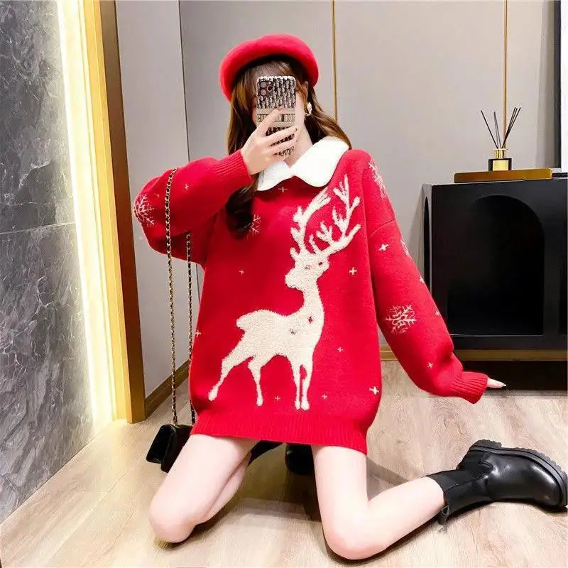 Christmas Cartoon Pullovers Women Clothes Allmatch Printing Turndown Collar Long Sleeve Mid Length Top Autumn Winter Sweater 241021