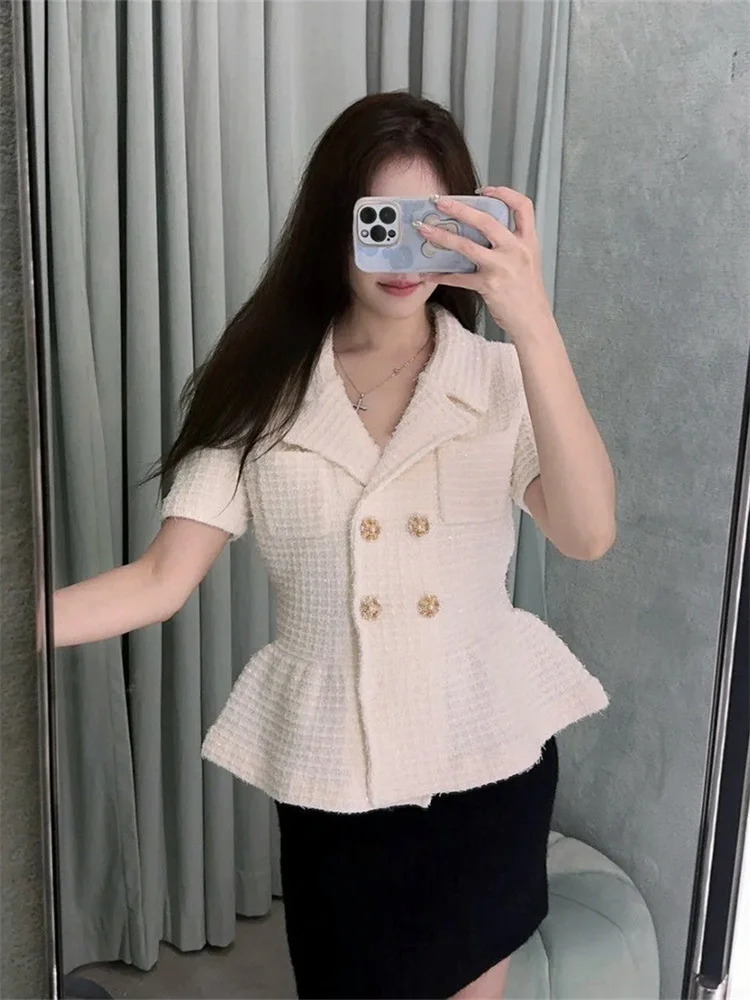 Womens elegant short sleeved top early autumn womens double breasted open top tweed coat 241023