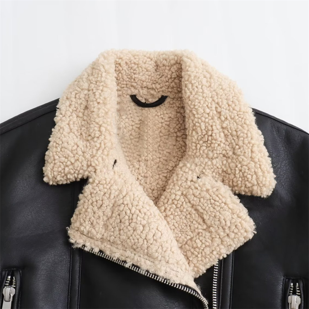 UNIZERA 2024 Autumn/Winter Product Women's New Fashion Casual Versatile Flip Collar Leather And Fur Integrated Jacket Co