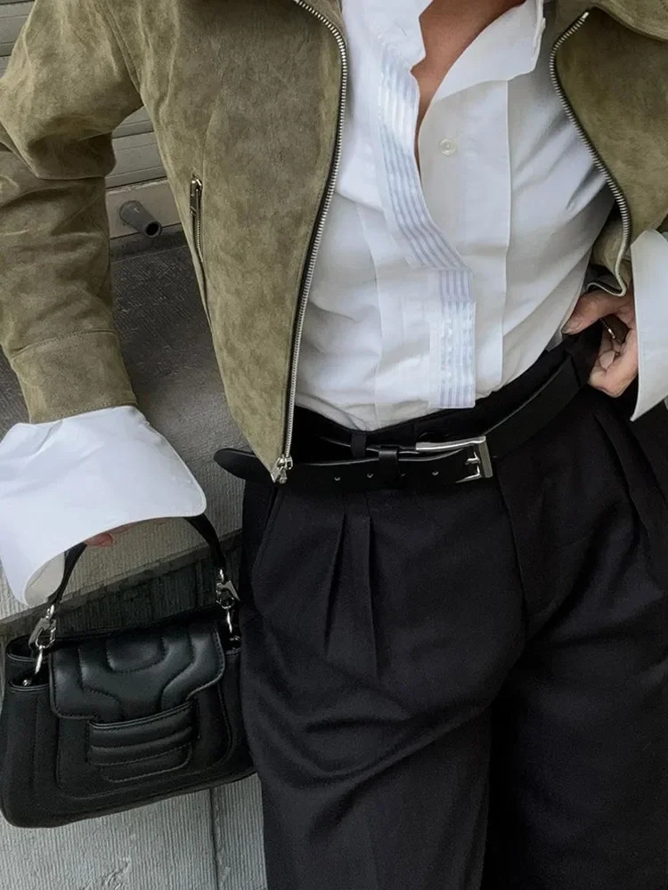 Elegant military green suede short jacket for women fashionable lapel long sleeved zipper cut jacket autumn womens Communicating Streetwear 241023